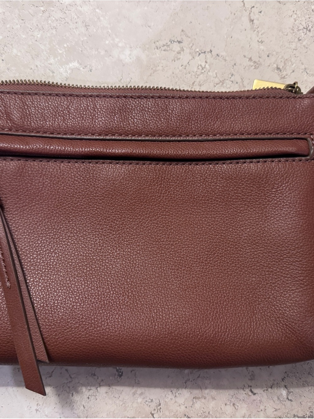 Fossil Leather Crossbody Bag, Cognac Brown, Pebbled Leather, with Brass Hardware - Picture 9 of 13